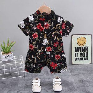 Boys Fashion Flower Leaf Pattern Single-Breasted Shirt And Shorts Set